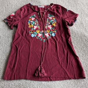 MISSLOOK Burgundy Embroidered Blouse